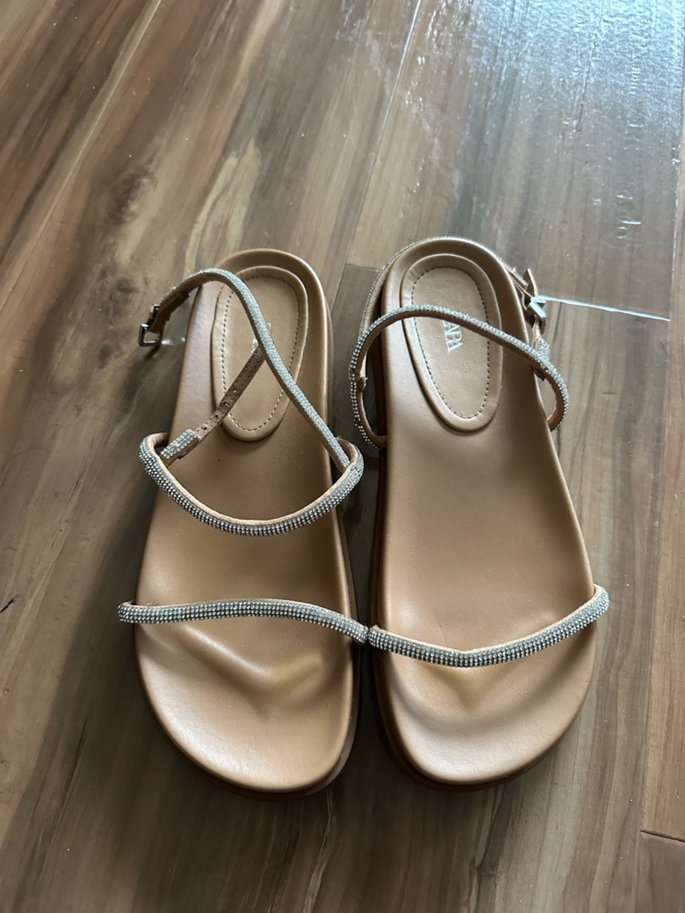 ZARA Tan Strappy Sandals with Rhinestone Detail